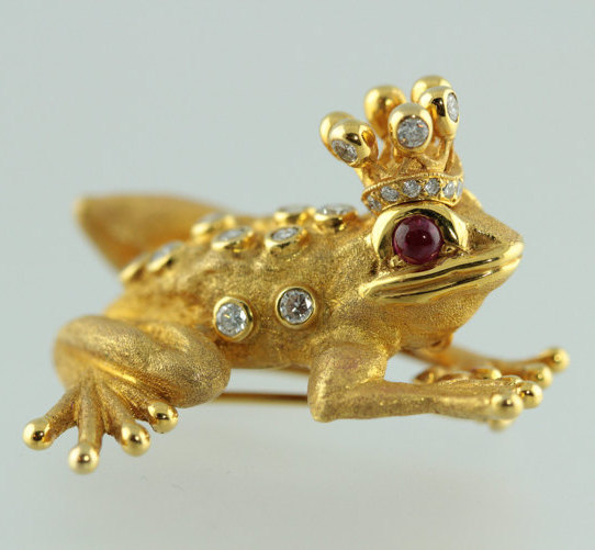 Zadora Tree Frog Prince Brooch. Vintage 18K Gold