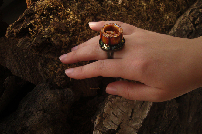 Необычное кольцо с тыквой и лягушкой "Фонарик Осени"