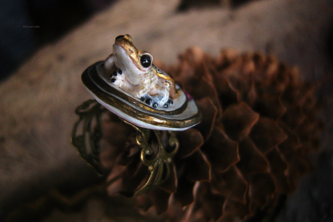 Необычное кольцо в стиле арт-нуво с шестилапой лягушкой